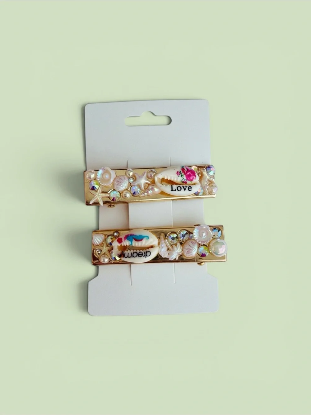 Shell-Embellished Gold Hair Clips - Pink & White